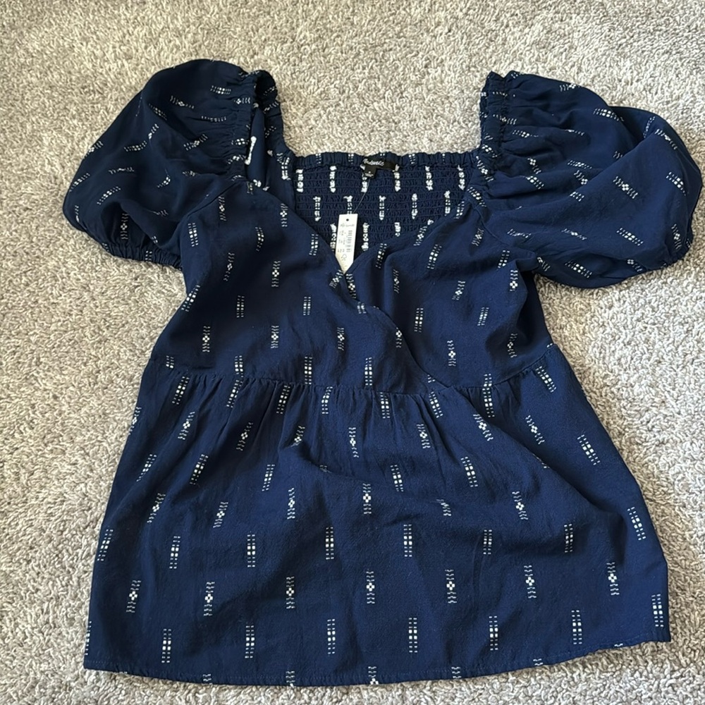 Navy Puff-Sleeve Square-Neck Blouse with White Dot Accent